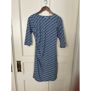 J. McLaughlin Wave Print Ruched Waist Sheath Dress Womens Size XS Blue Classic